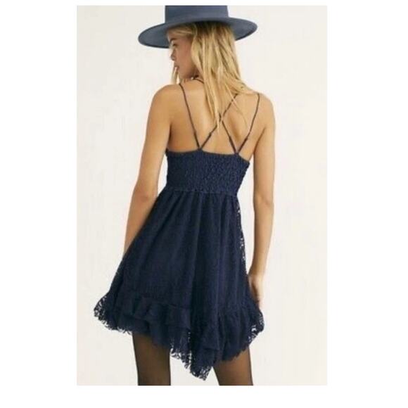 Free People Adella Burnout Velvet Slip Dress Lace Crochet Navy Blue S - Picture 3 of 12